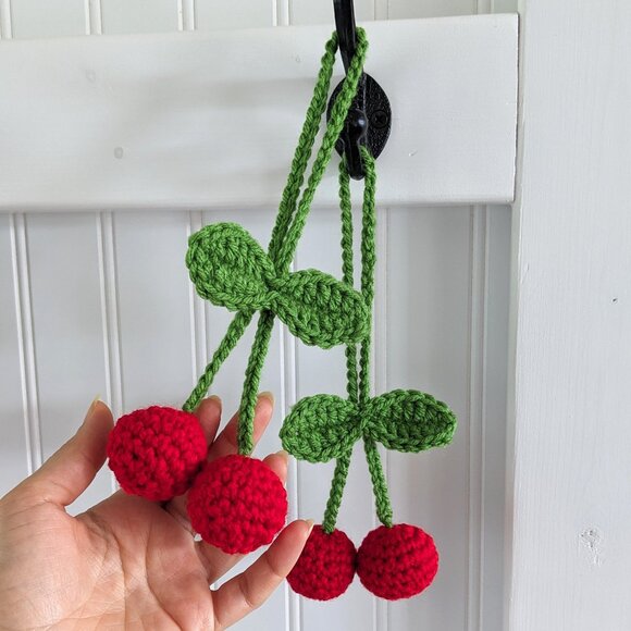 Crochet Cherries Charm | Hanging Accessory for Car Mirror, Bags, Door Knobs - Picture 3 of 8